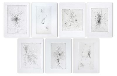 un ensemble de six dessins encadrés, de formes et de tailles variées