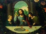 a painting of jesus eating at a table surrounded by flowers