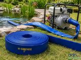 a blue hose next to a blue hose on the grass