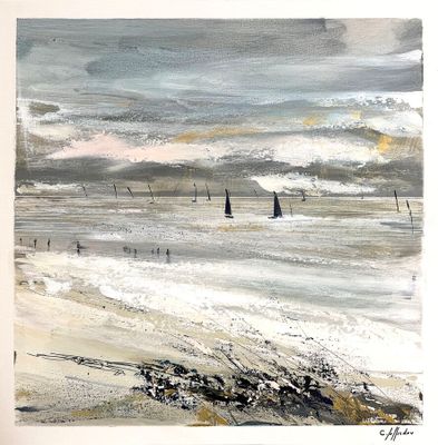 un tableau représentant un voilier sur la plage