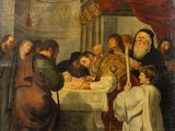 painting of a group of people gathered around a baby in a crib