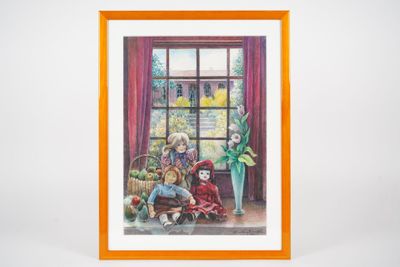a picture of a picture of two children sitting in front of a window