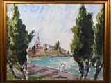 a picture of a painting of a city by the water