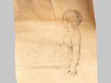 a drawing of a woman in a dress sitting on the ground