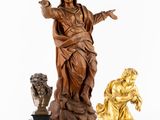 three wooden statues of jesus and a woman on a white background