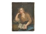 un vieux tableau représentant une femme assise sur une chaise, en train de lire un livre