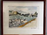aquarelle encadrée représentant un paysage avec des oliviers et une église