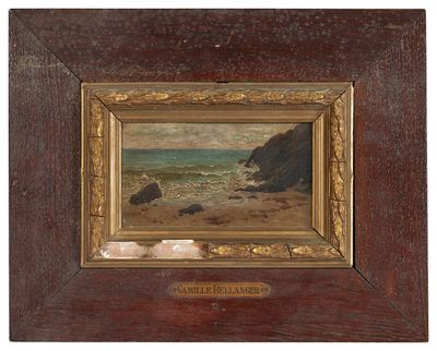 une peinture à l'huile représentant une scène de plage avec des rochers et un plan d'eau