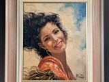 une peinture à l'huile représentant une femme aux cheveux bouclés qui sourit
