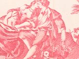 a red and white table cloth with a picture of a man and a woman on it