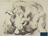 a black and white drawing of two elephants and a baby elephant