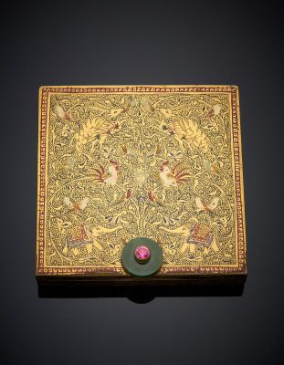 an ornately decorated box with birds and flowers on a black background