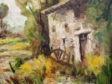 an oil painting of a house by a stream in a field