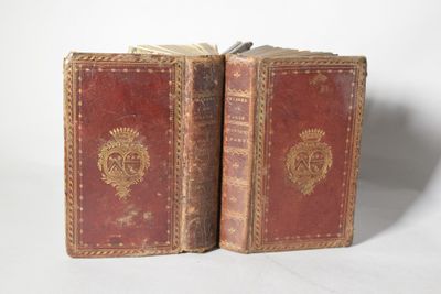 une paire de livres anciens reliés en cuir sur fond blanc