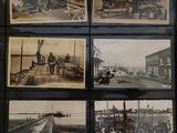 several old black and white photos of people and vehicles in a building