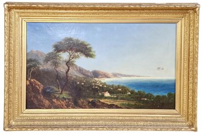 une image représentant une peinture d'un paysage avec l'océan et les montagnes en arrière-plan