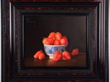 painting of a bowl of strawberries on a table in front of a black background