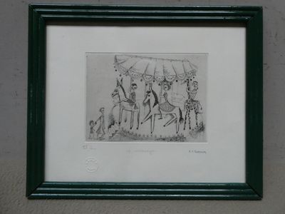 framed drawing of a circus scene with a man on a horse and a woman on a horse