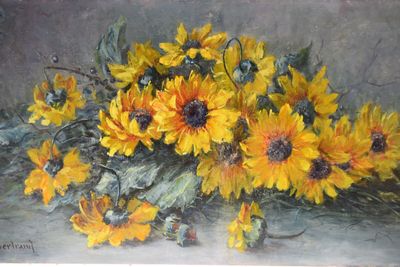 BERTRAND, "Bouquet de fleurs jaunes", huile sur toile (resta…