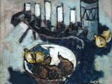 un tableau représentant un bol de nourriture et un candélabre