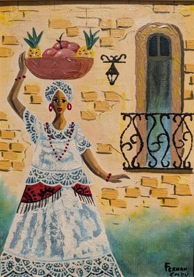 tableau représentant une femme en robe blanche, coiffée d'un chapeau rouge