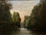 a painting of a river with a boat on it