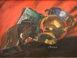 un tableau représentant un taureau et un vase posés sur une table
