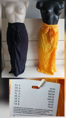 three mannequins are displayed on a shelf with price tags