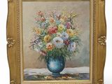 peinture d'un vase de fleurs sur une table dans un cadre doré