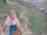 a painting of a woman washing her dog in a stream