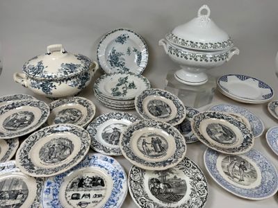 many different types of blue and white plates on the table