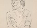 a drawing of a woman holding her hands up to her chest