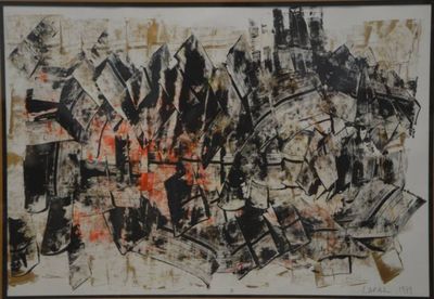 peinture abstraite représentant un paysage urbain en noir et rouge sur fond blanc