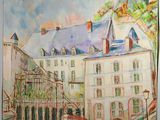 tableau représentant un bâtiment surmonté d'une tour horloge