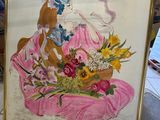 un tableau représentant une femme assise sur une chaise, avec un panier de fleurs