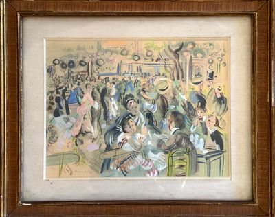 painting of a group of people in a room with a clock on the wall