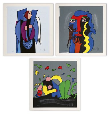 four paintings of people in different colors on a white background