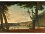 an image of a painting of a view of a river with a boat in the foreground