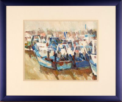 une peinture à l'huile représentant un groupe de bateaux amarrés dans un port