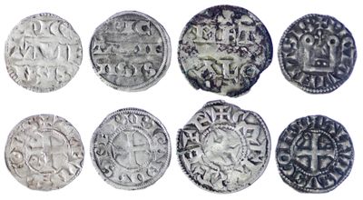 six types différents de pièces d'argent sont représentés sur un fond blanc