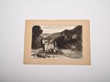 drawing of a castle on a hill with a river in the foreground