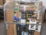 a cart with a bunch of boxes on it in a warehouse