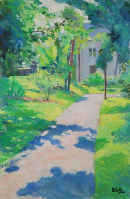 une peinture à l'huile représentant un sentier dans un parc, avec une maison en arrière-plan