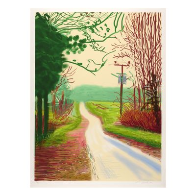 an image of a painting of a country road with trees and bushes