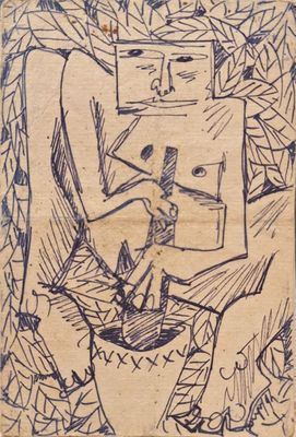 dessin représentant un homme assis sur une chaise, avec une boîte sur la tête