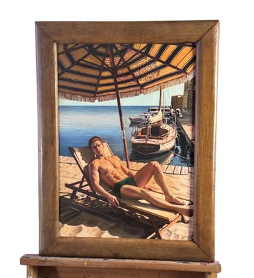 un tableau représentant un homme allongé sur une chaise longue sous un parasol