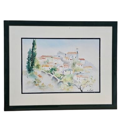 framed watercolor painting of a village with a church in the distance