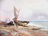 un tableau représentant deux bateaux sur la plage, au bord de l'eau