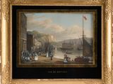 painting of a view of a harbor with boats and people on the water