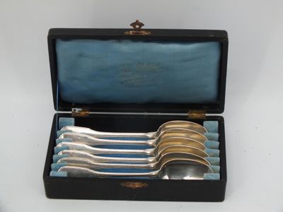 six spoons in a case with a blue cloth